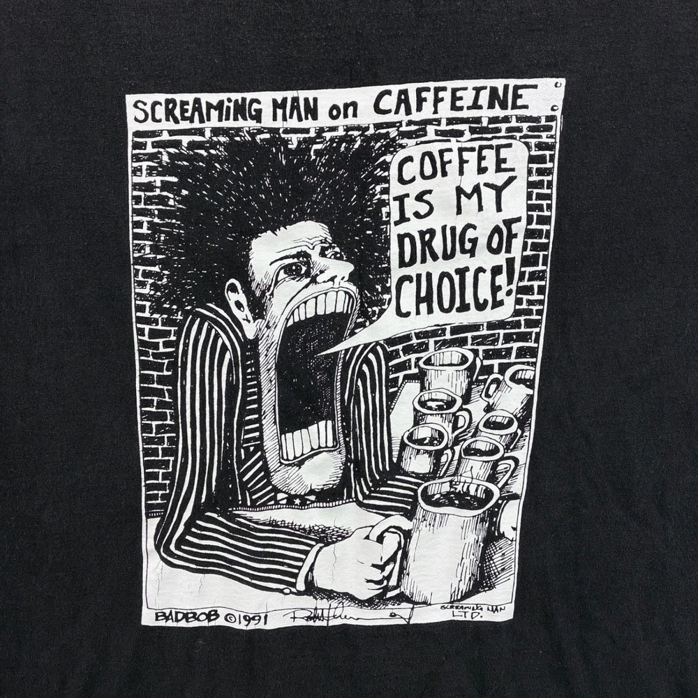 Vintage Screaming Man Caffeine Bad Bob Shirt Mens XL Black Coffee Art 1991 - Picture 3 of 6